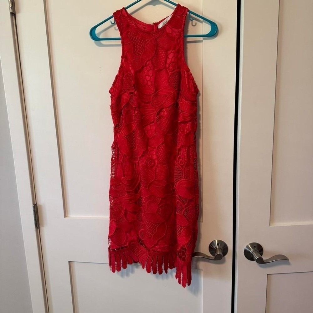 Lovers + Friends Red Lace Halter Mini Dress Scalloped Fringe Hem Size S